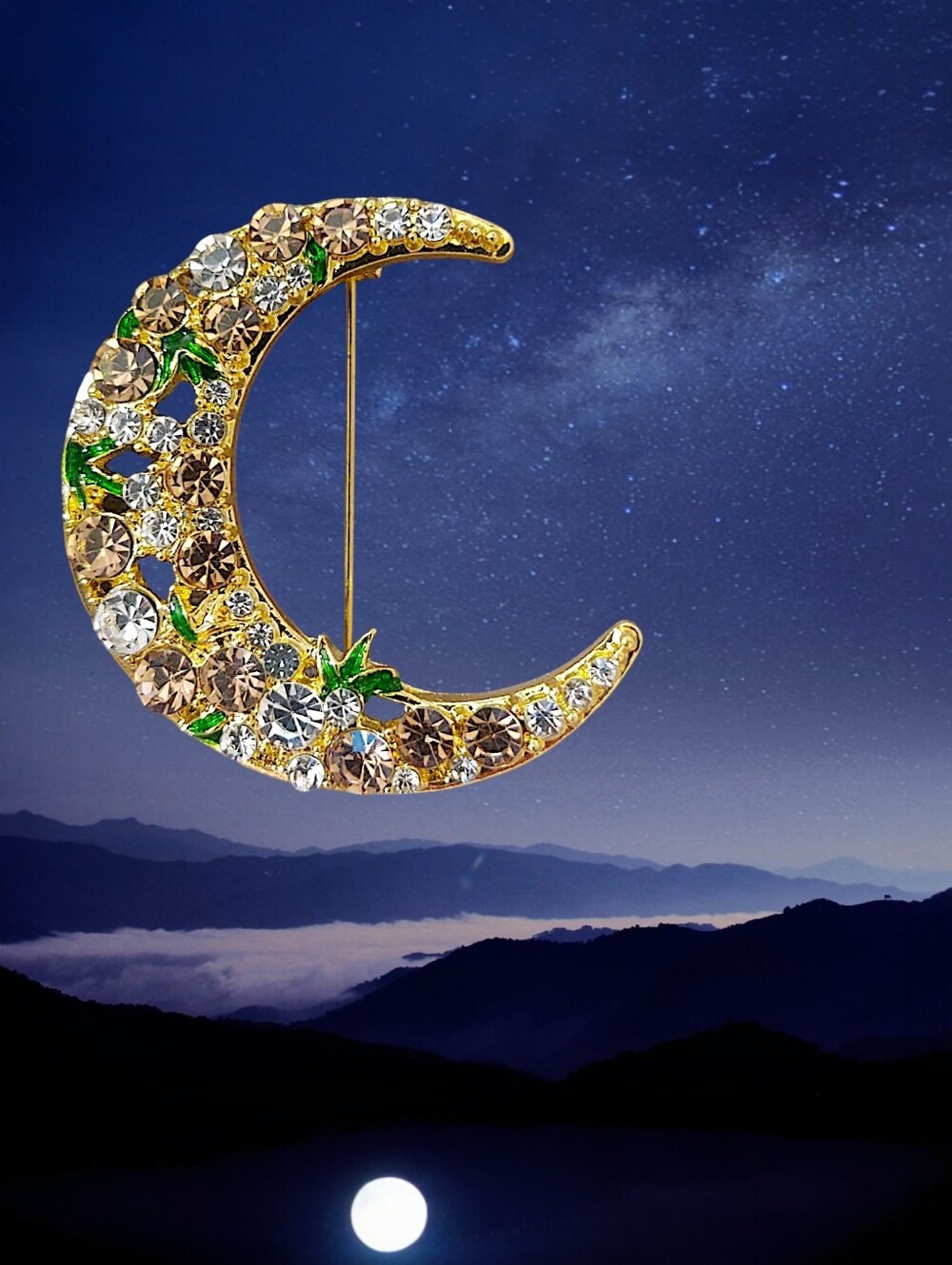 Crescent Moon Crystal Brooch